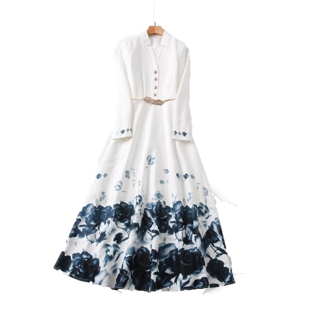 White Ink Wash Print V-neck Long Sleeve Dress