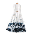 White Ink Wash Print V-neck Long Sleeve Dress