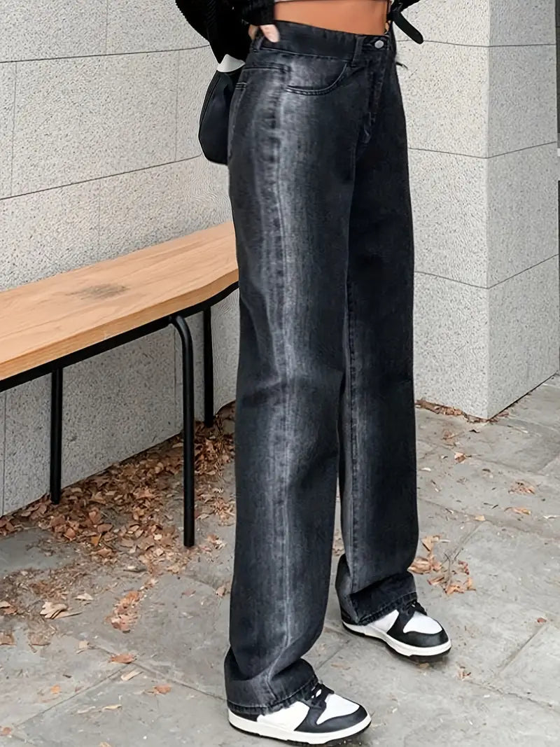 High Waist Straight Jeans - Loose Fit Baggy Denim
