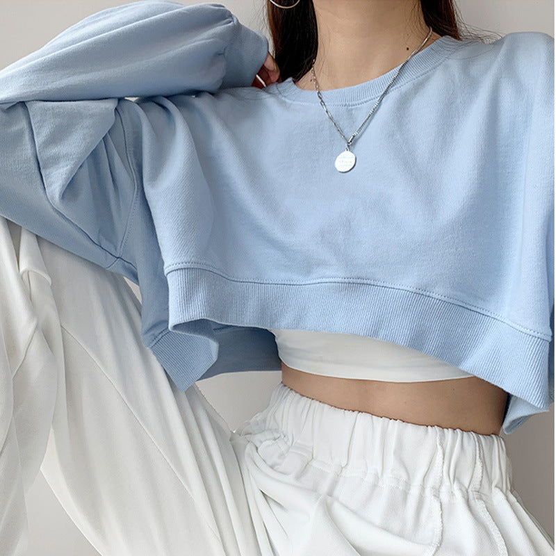 Loose Round Neck Solid Color Short Sweater for Women
