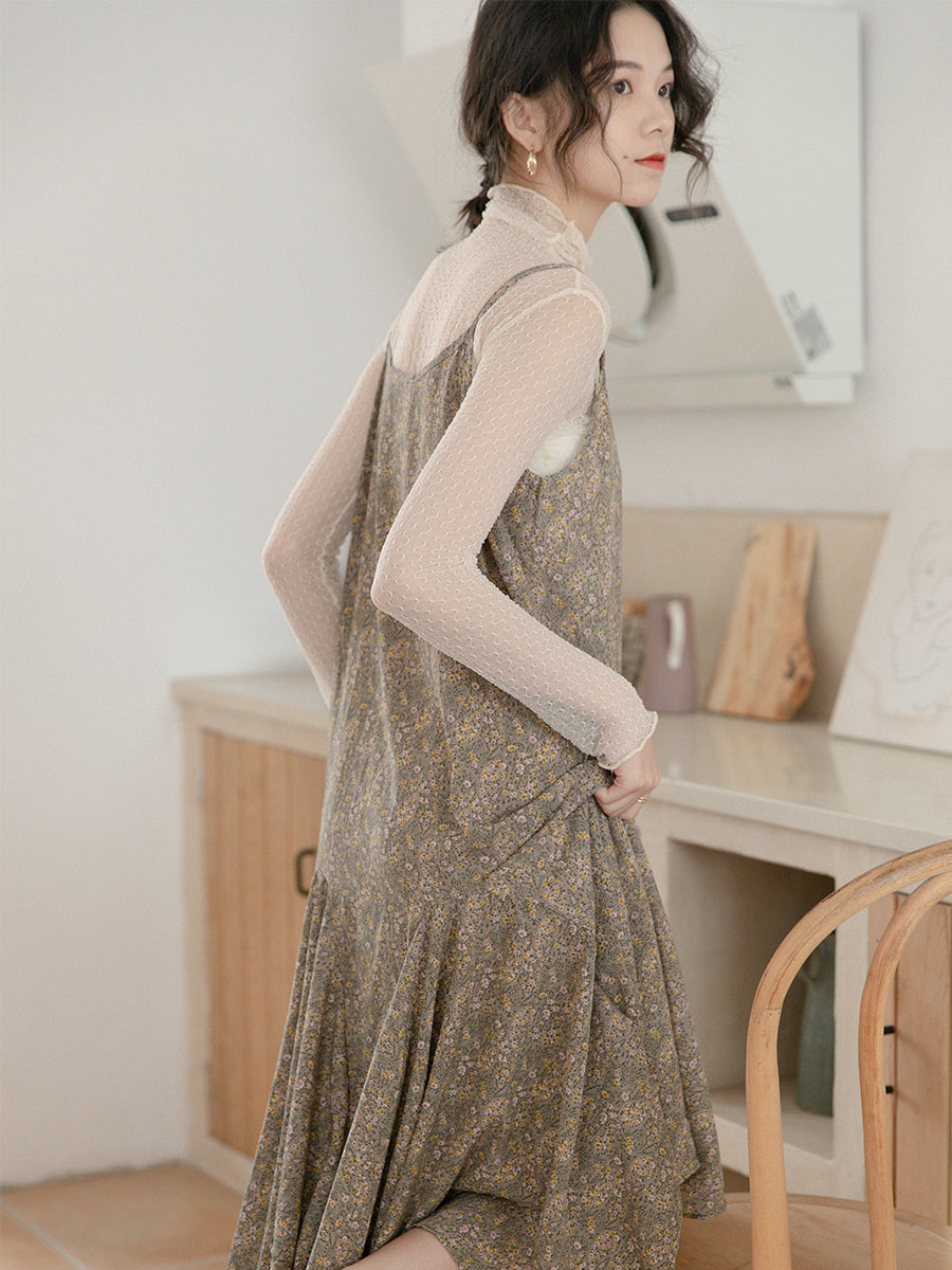 Spring Floral Ruffle Strap Dress - Vintage Chiffon