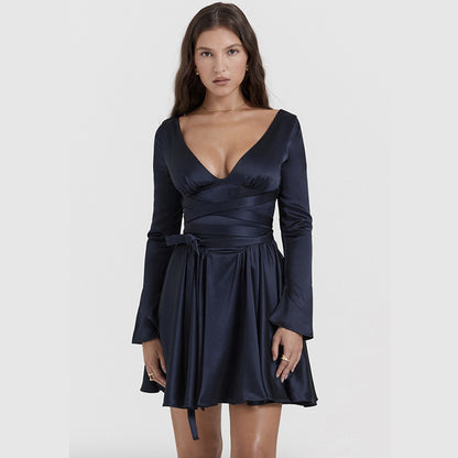 Fashionable V-Neck Backless Dress with Waist Tie