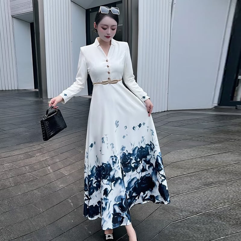 White Ink Wash Print V-neck Long Sleeve Dress