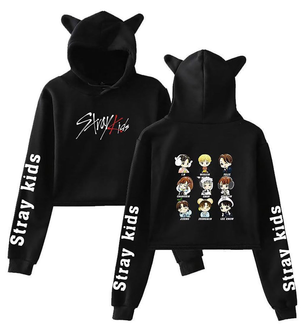 Kpop StrayKids Hoodie Felix Jisung Minho Bangchan Cat Ear Sweatshirt Crop Top Sweater for Women