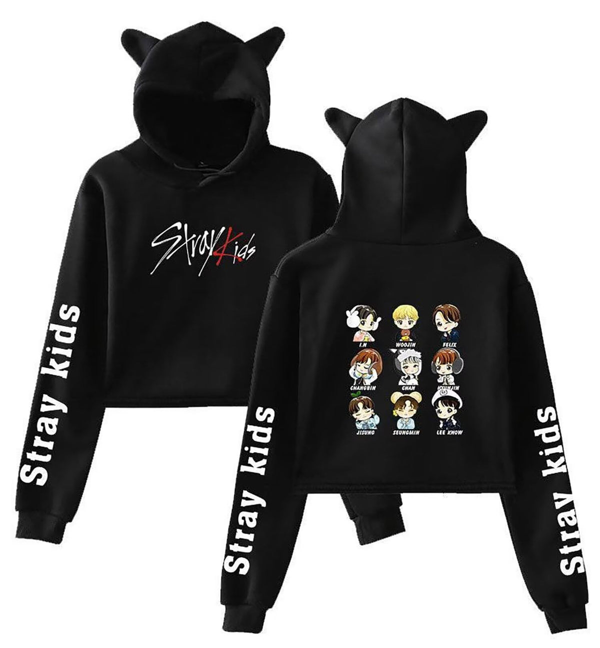 Kpop StrayKids Hoodie Felix Jisung Minho Bangchan Cat Ear Sweatshirt Crop Top Sweater for Women