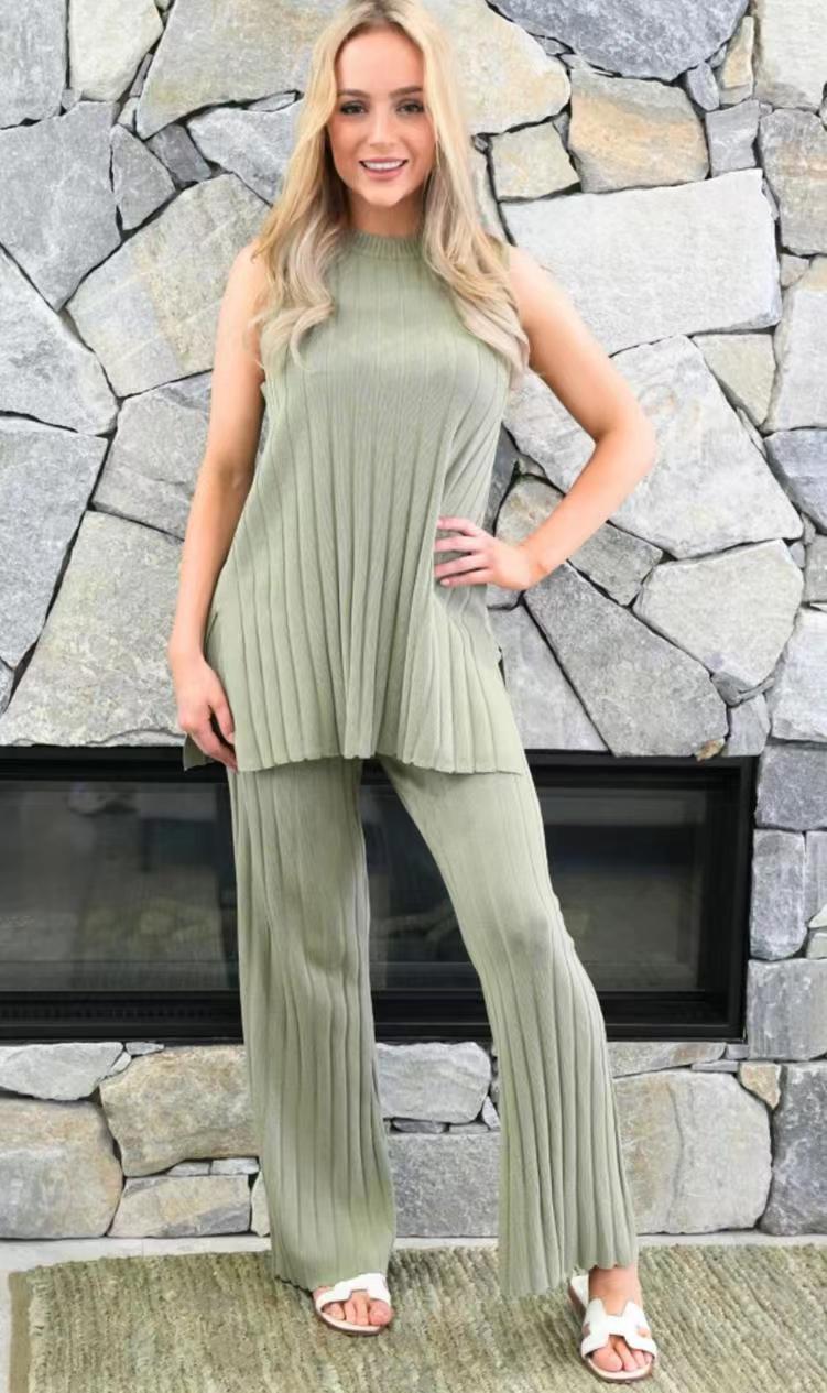 Summer Women's Cozy Knit Top & Wide Leg Pants Set