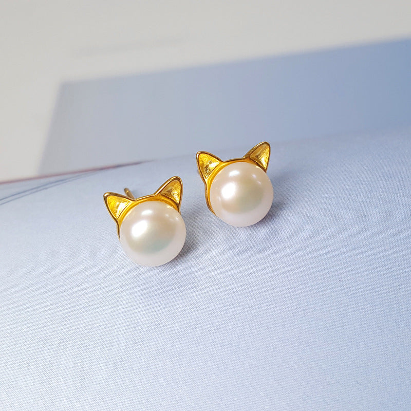 925 Silver Freshwater Pearl Cat Ear Earrings