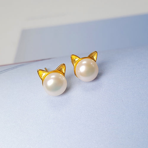 925 Silver Freshwater Pearl Cat Ear Earrings