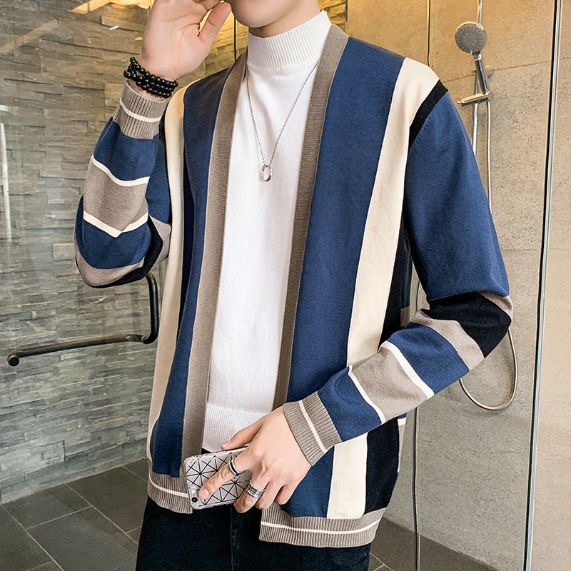 Men's Fashion Color-block Striped Knit Cardigan