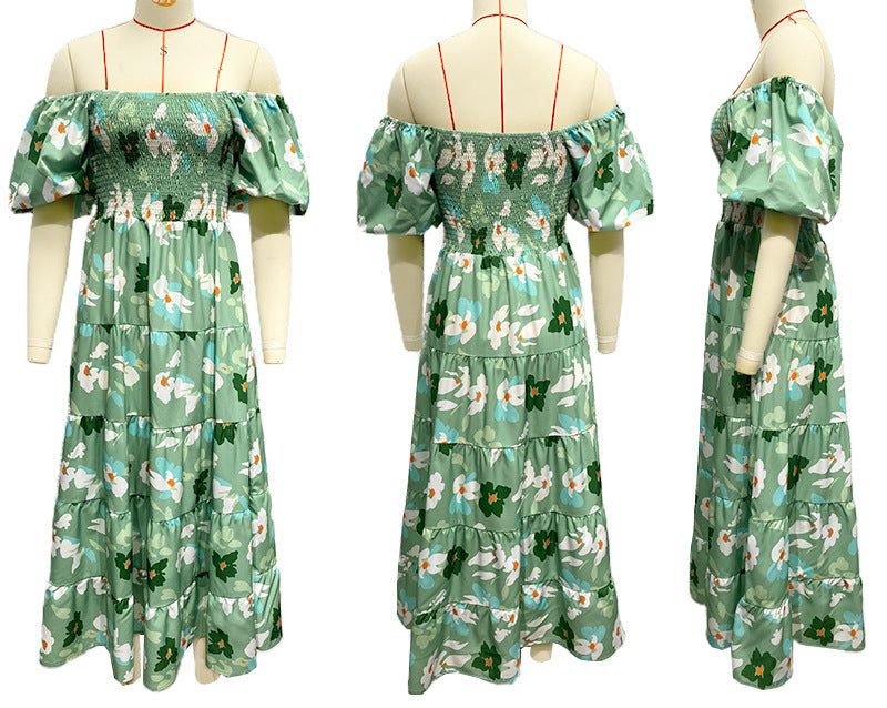 Ladies Printed High Waist A-line Bubble Sleeve Dress