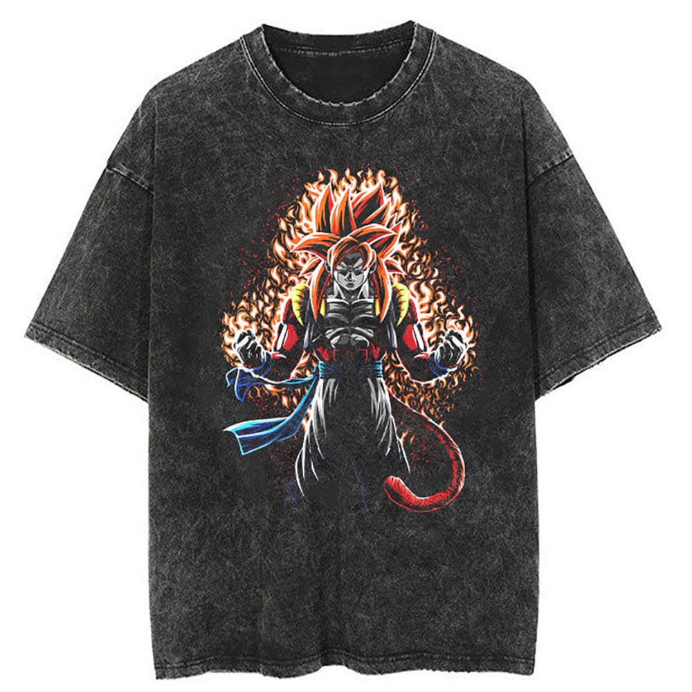 Washed Black Dragon Ball Anime T-shirt for Summer Fashion
