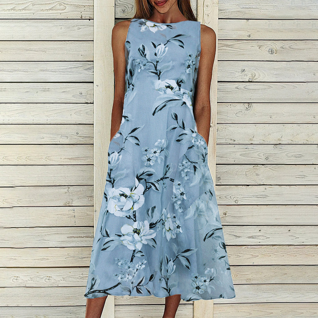Floral A-line Dress with Round Neck and Mid-length