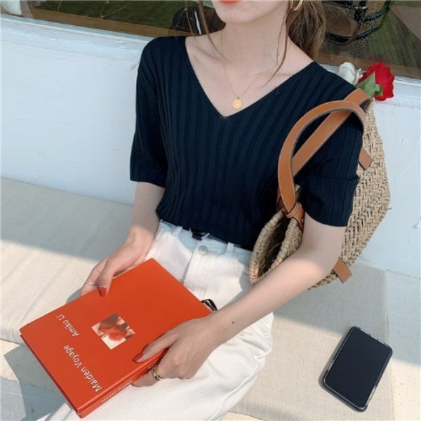Loose Fit Chicken Heart Collar Ice Silk T-Shirt