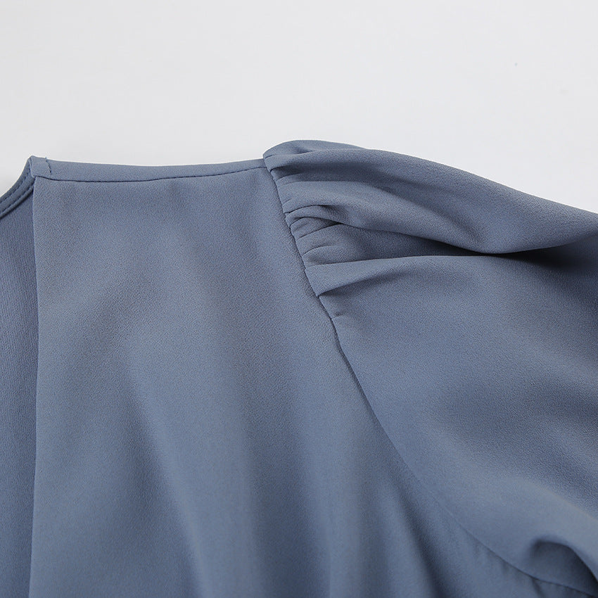 French Lantern Sleeve V-Neck Dress - Elegant Retro Style