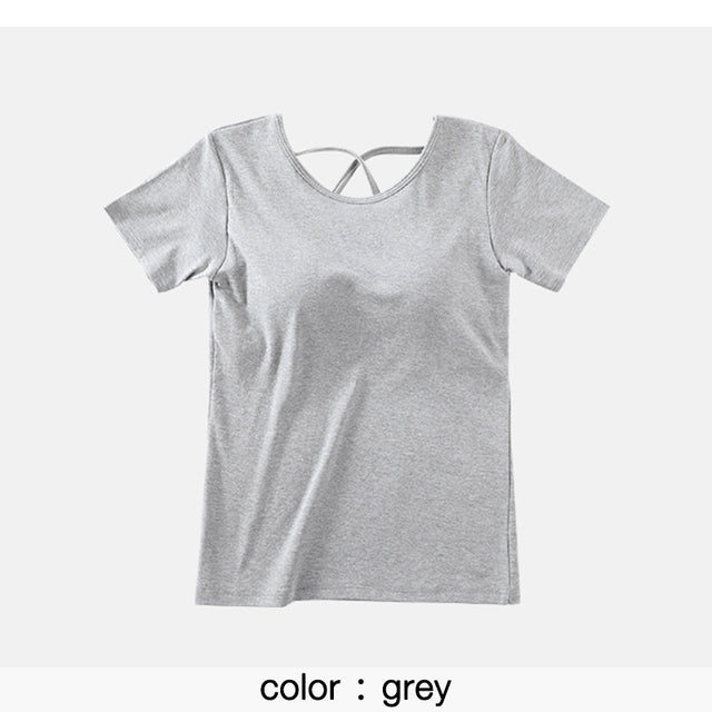 Korean Casual Cotton T-Shirt with Built-in Bra for Women