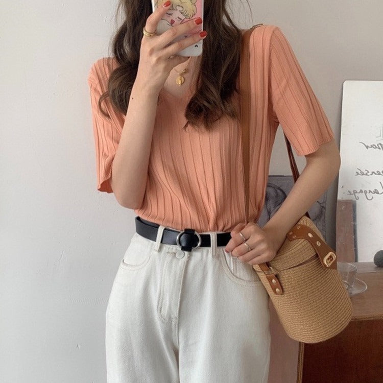 Loose Fit Chicken Heart Collar Ice Silk T-Shirt