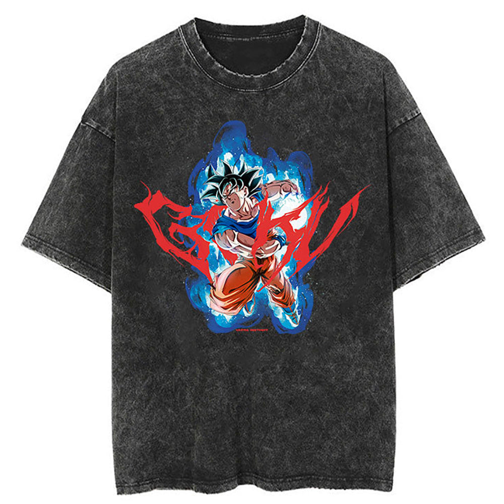Washed Black Dragon Ball Anime T-shirt for Summer Fashion