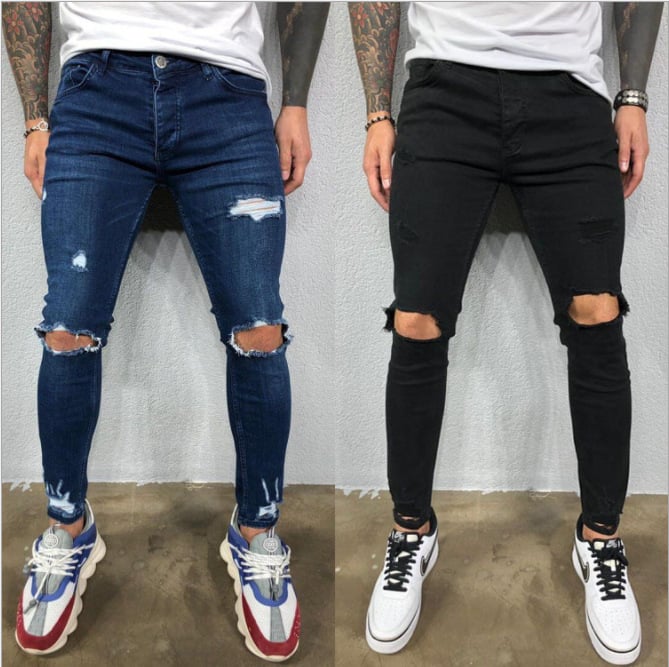 Men's Trendy Ripped Elastic Jeans with Torn Design