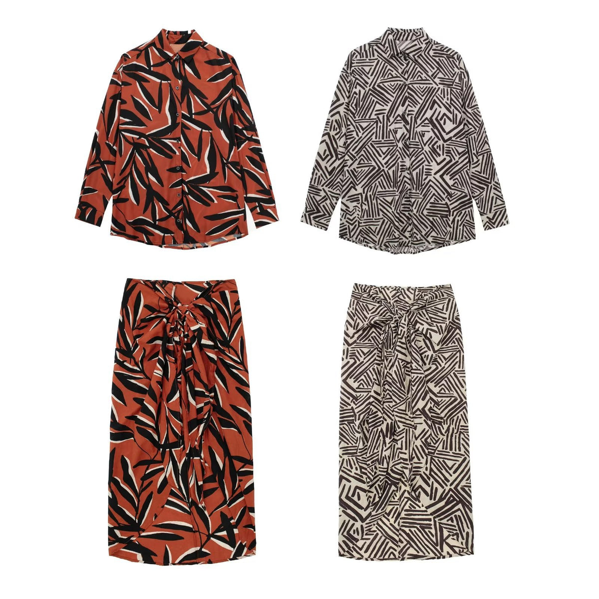 Women's Printed Long Sleeve Cotton Shirt and Wrap Set