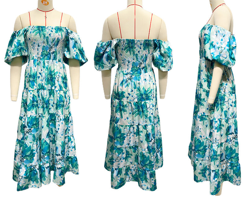Ladies Printed High Waist A-line Bubble Sleeve Dress