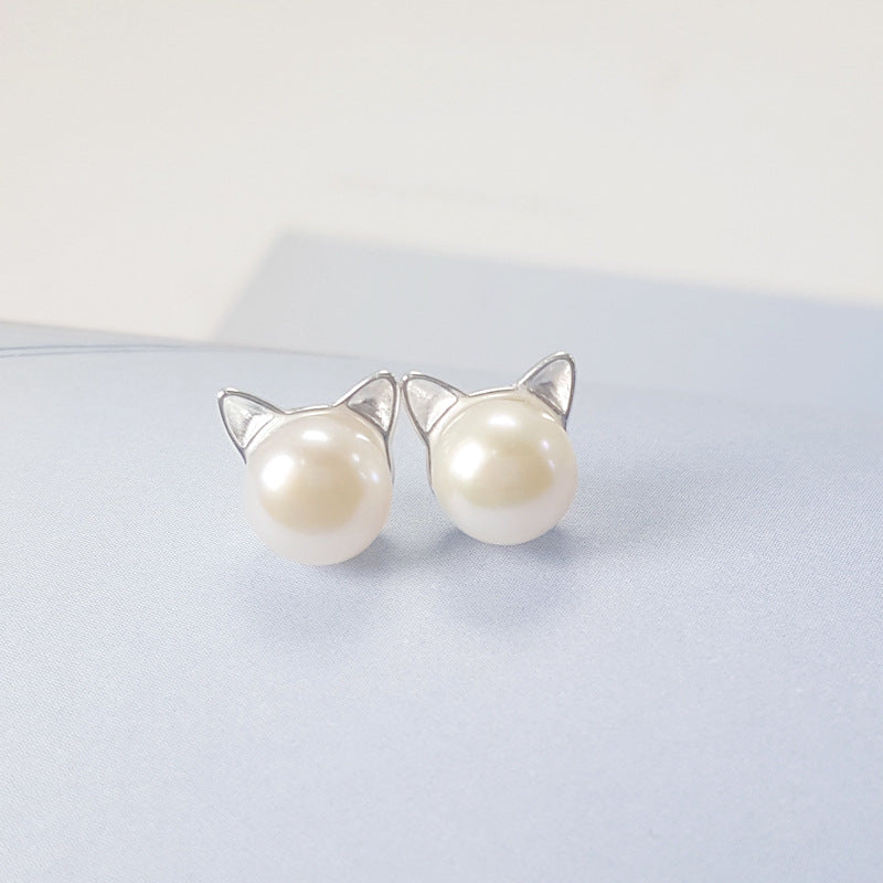 925 Silver Freshwater Pearl Cat Ear Earrings