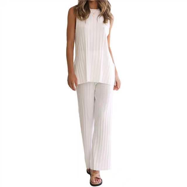 Summer Women's Cozy Knit Top & Wide Leg Pants Set