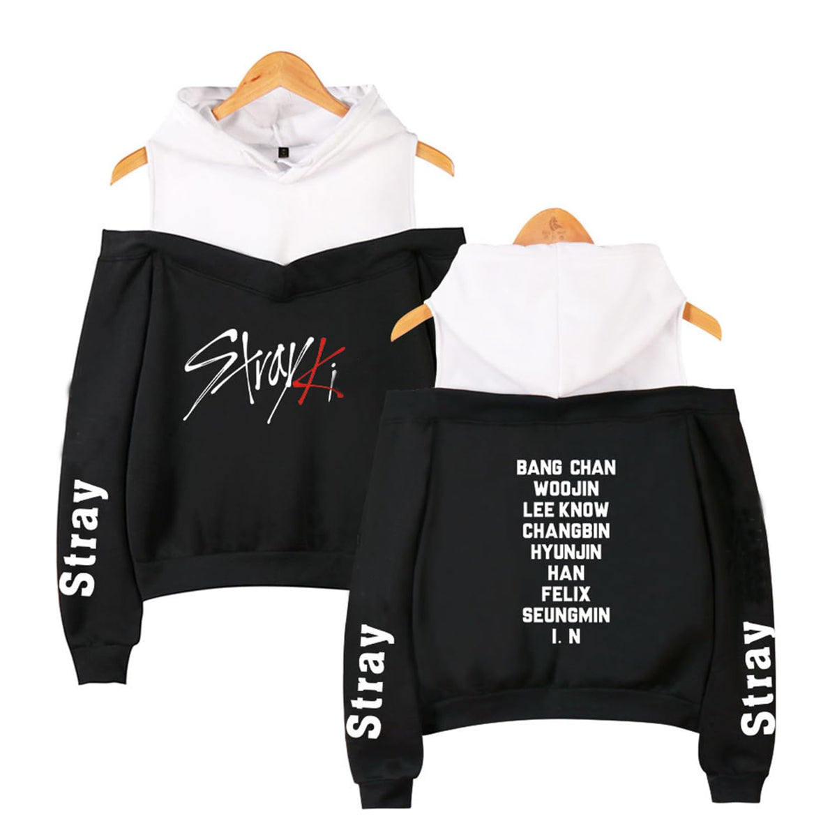 Xkpopfans Kpop Strayk Hoodie Off The Shoulder Sweatshirt Minho Woojin Felix Pullover for Womens S Black-D
