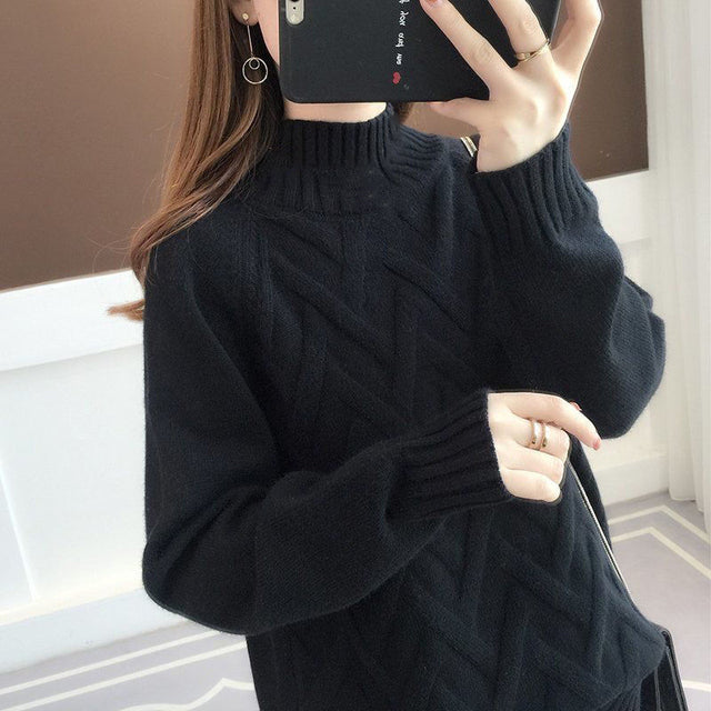 Autumn Winter Women's High-Neck Slim Rib Knit Sweater