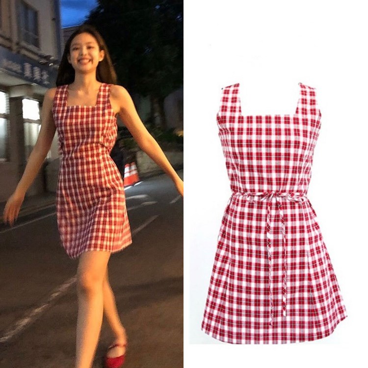 Kpop Korean Celebrity Red Plaid High Waist Dress for Women