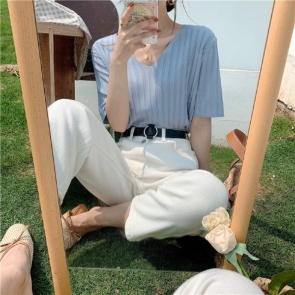 Loose Fit Chicken Heart Collar Ice Silk T-Shirt