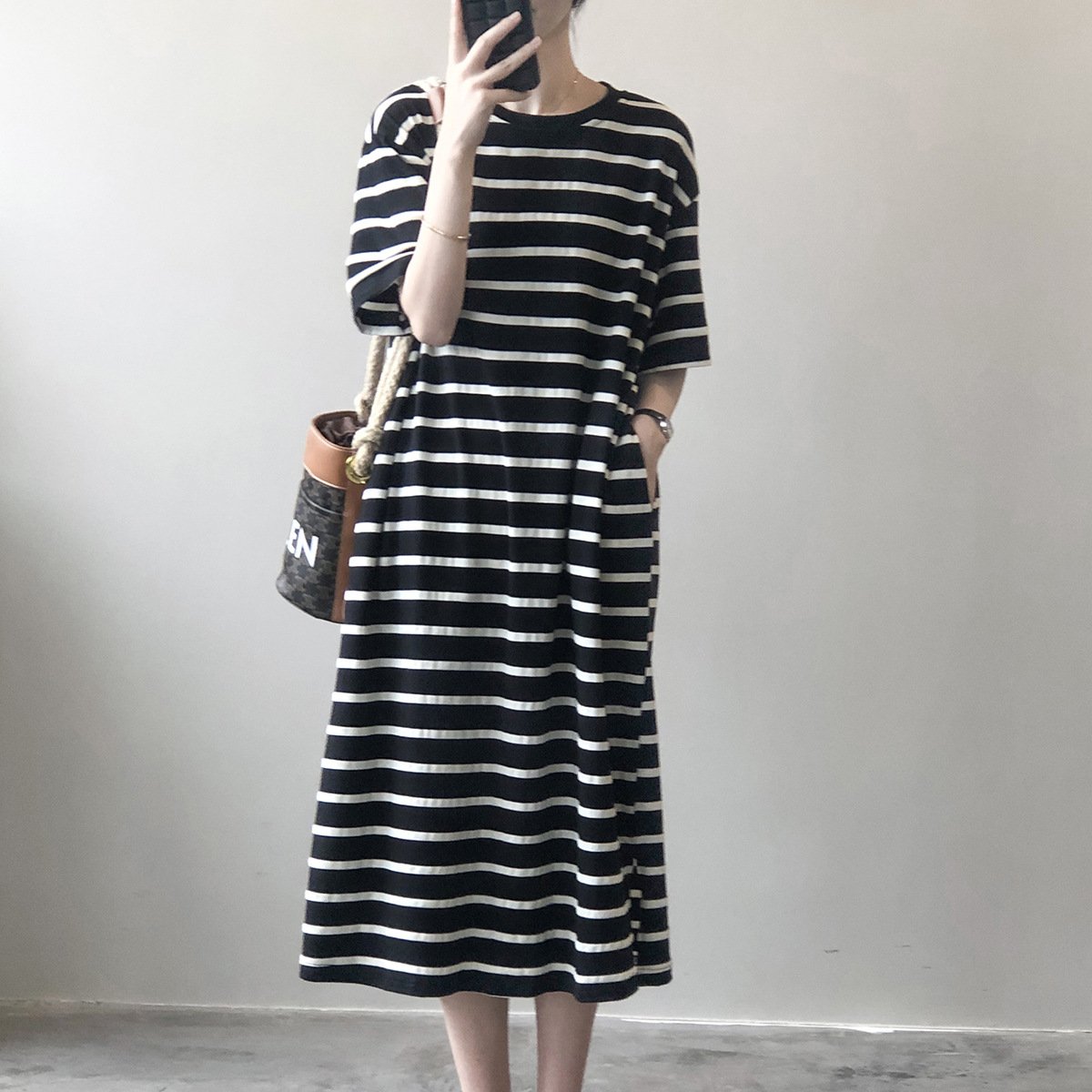 Casual Loose T-Shirt Dress with Mid Length Skirt
