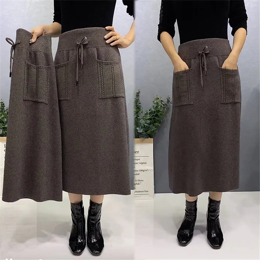 Korean Retro Knitted Wool Long Skirt with Pockets