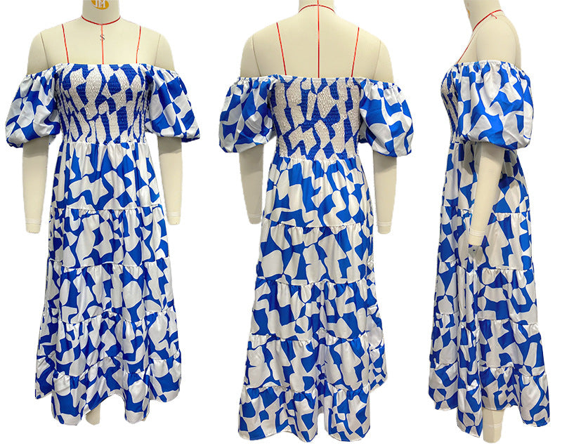 Ladies Printed High Waist A-line Bubble Sleeve Dress