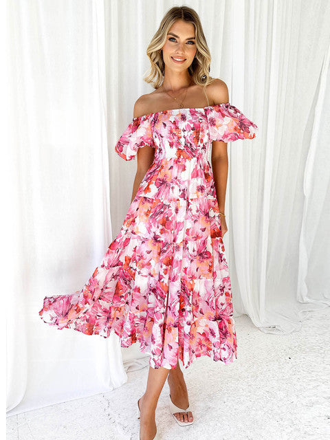 Ladies Printed High Waist A-line Bubble Sleeve Dress