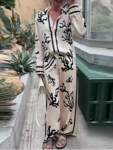 Elegant Women's Pants Set with Loose Lapel Shirt (One Set)