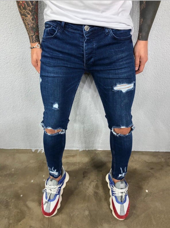 Men's Trendy Ripped Elastic Jeans with Torn Design