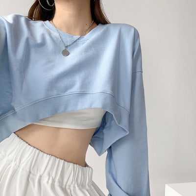 Loose Round Neck Solid Color Short Sweater for Women