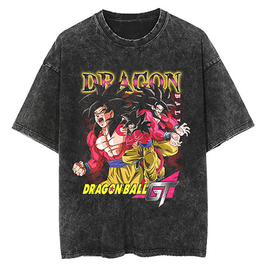 Washed Black Dragon Ball Anime T-shirt for Summer Fashion