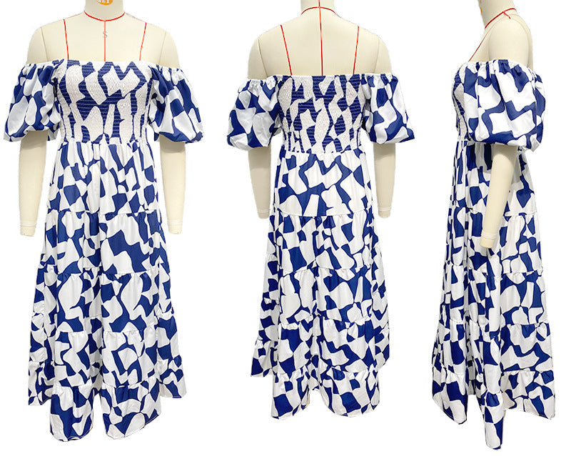 Ladies Printed High Waist A-line Bubble Sleeve Dress