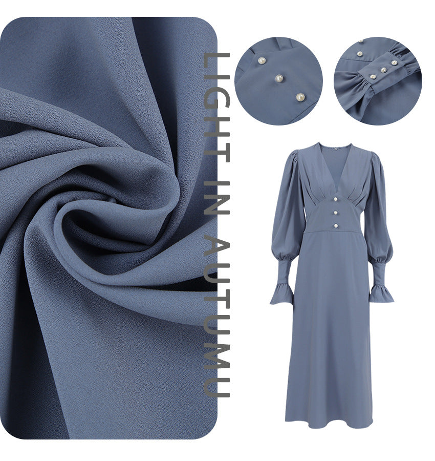 French Lantern Sleeve V-Neck Dress - Elegant Retro Style