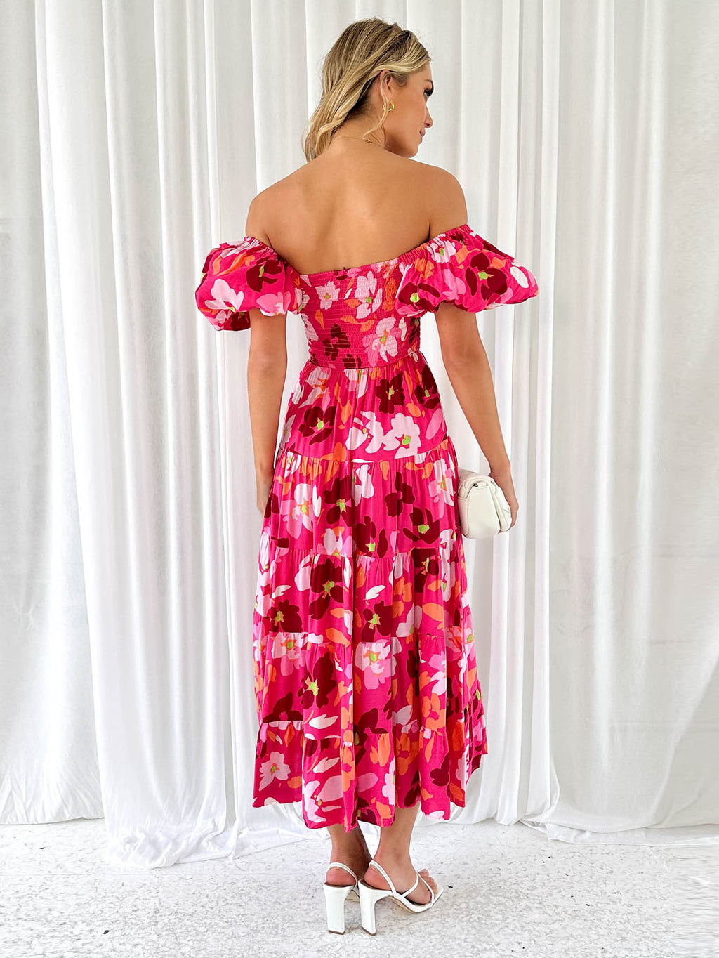 Ladies Printed High Waist A-line Bubble Sleeve Dress