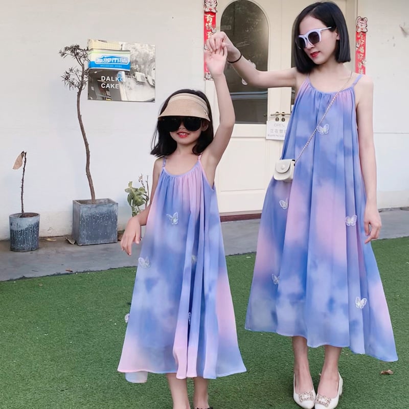 "Parent-Child Butterfly Strap Dress Set"