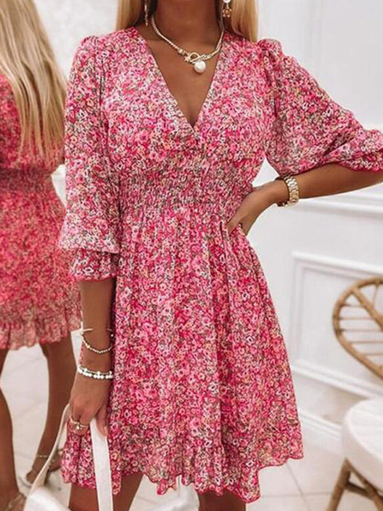 Bohemian Floral Midi Dress with Cinched Waist