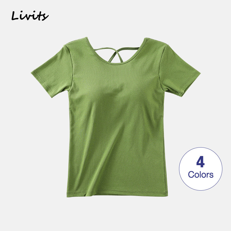 Korean Casual Cotton T-Shirt with Built-in Bra for Women