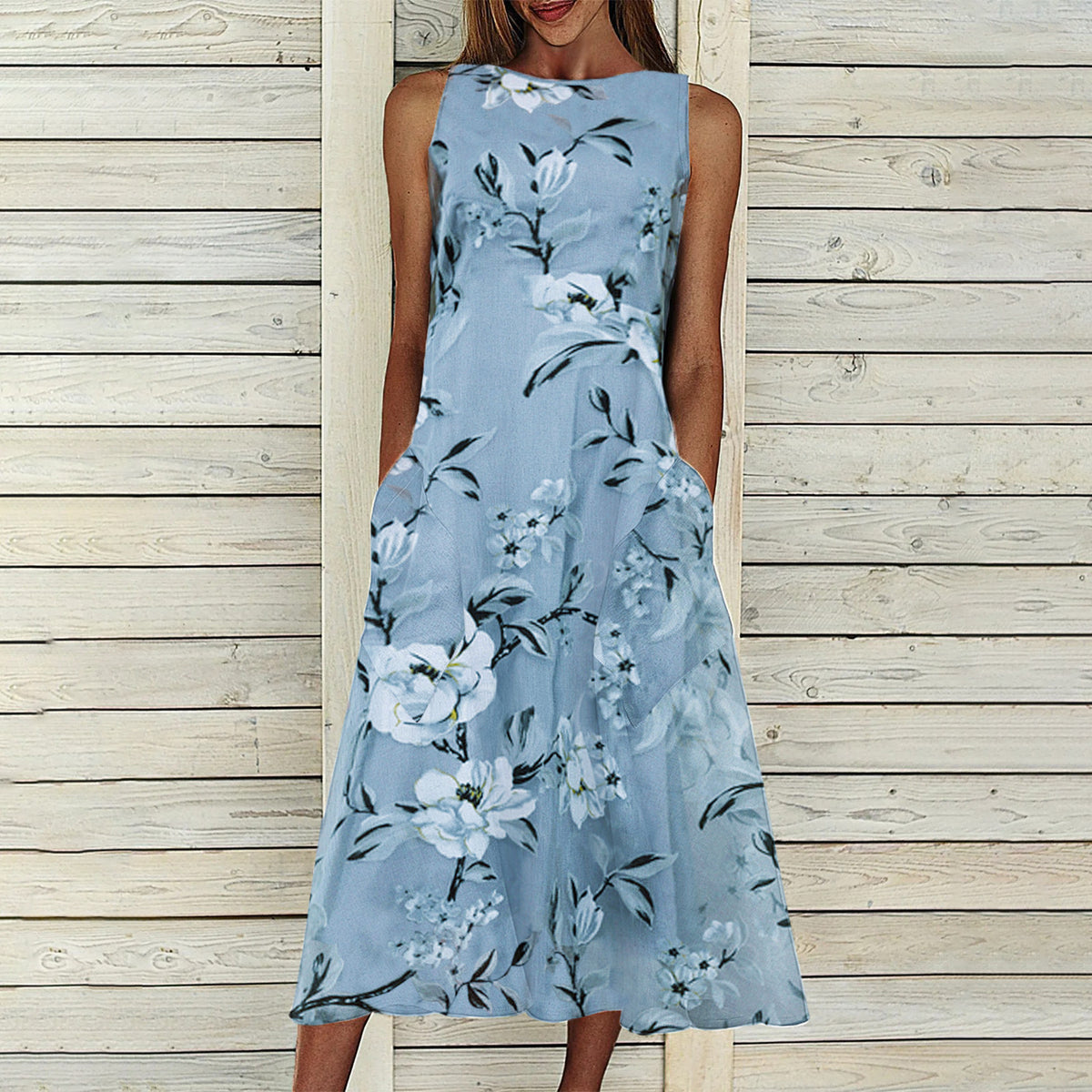 Floral A-line Dress with Round Neck and Mid-length