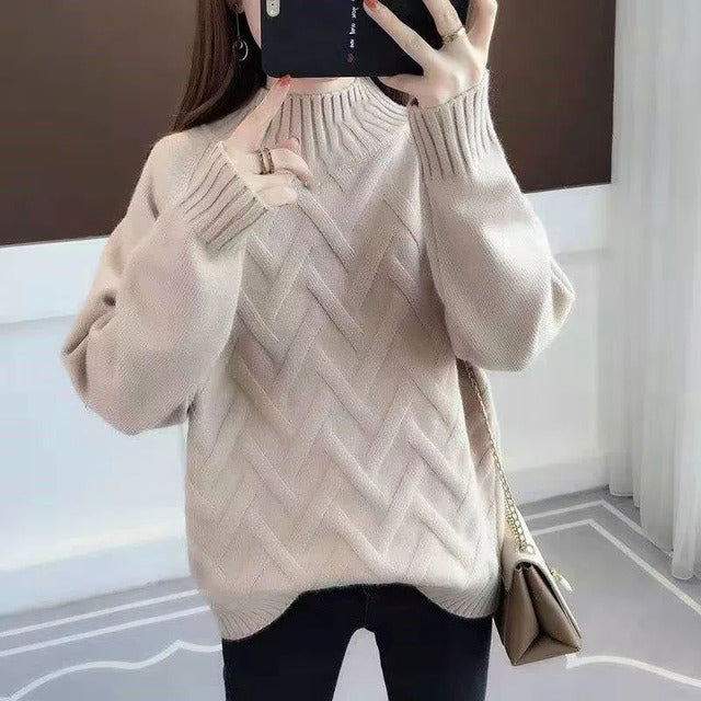 Autumn Winter Women's High-Neck Slim Rib Knit Sweater