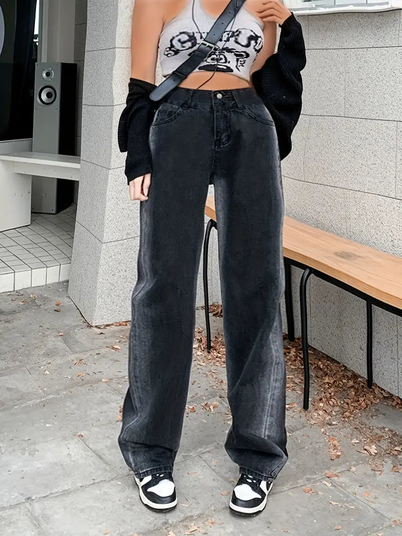 High Waist Straight Jeans - Loose Fit Baggy Denim