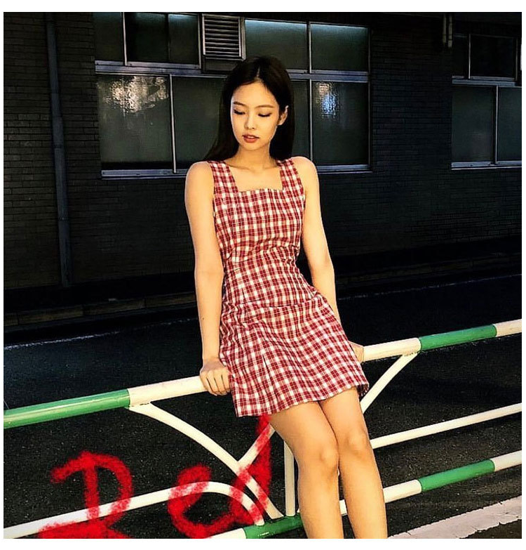 Kpop Korean Celebrity Red Plaid High Waist Dress for Women