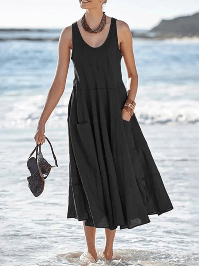 Sleeveless Long U-neck Pocket Dress in Cotton Linen
