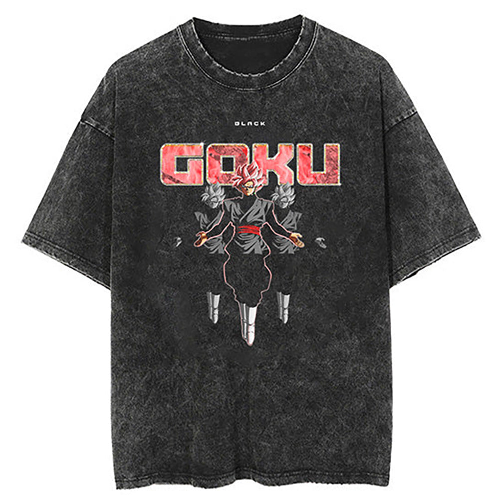Washed Black Dragon Ball Anime T-shirt for Summer Fashion